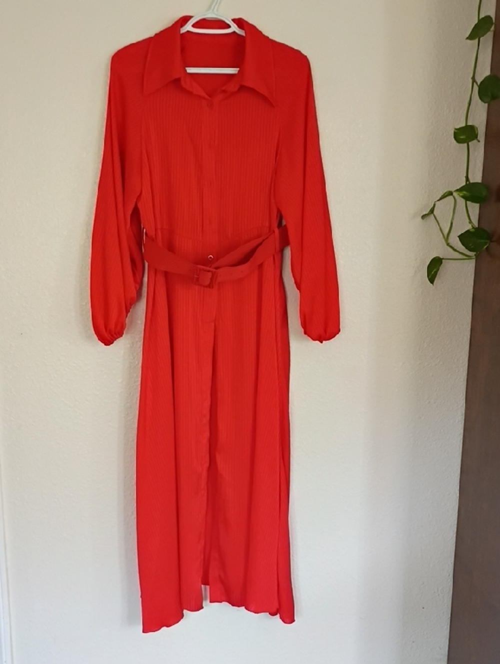 SHEIN Vibrant Red Long Sleeve Belted Maxi Shirt Dress